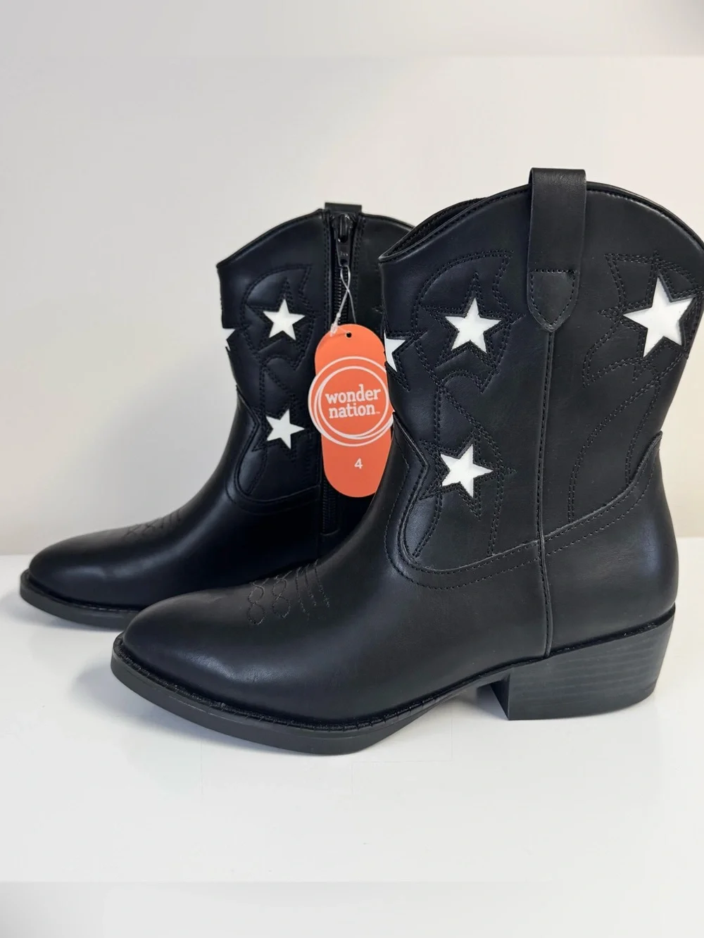 Wonder Nation Star Western Cowgirl Boots Black White Big Girl Size 4 NWT